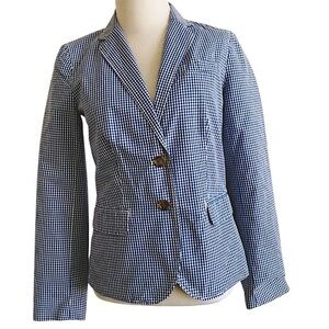 J.CREW GINGHAM BLAZER JACKET COTTON BLUE WHITE SIZE 0 BUTTON CLASSIC NAUTICAL